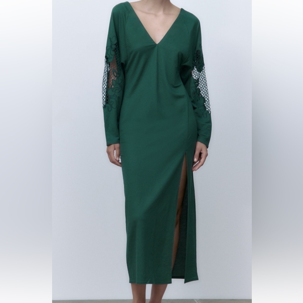 ZARA OPEN CROCHET LACE LONG SLEEVE VAMP MAXI DRESS FOREST GREEN MEDIUM NWT - Picture 4 of 16